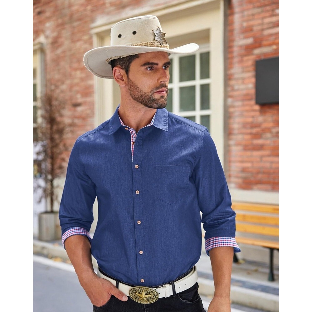 COOFANDY Button Up Shirt Blue Mens XL Long Sleeve Contrast Plaid